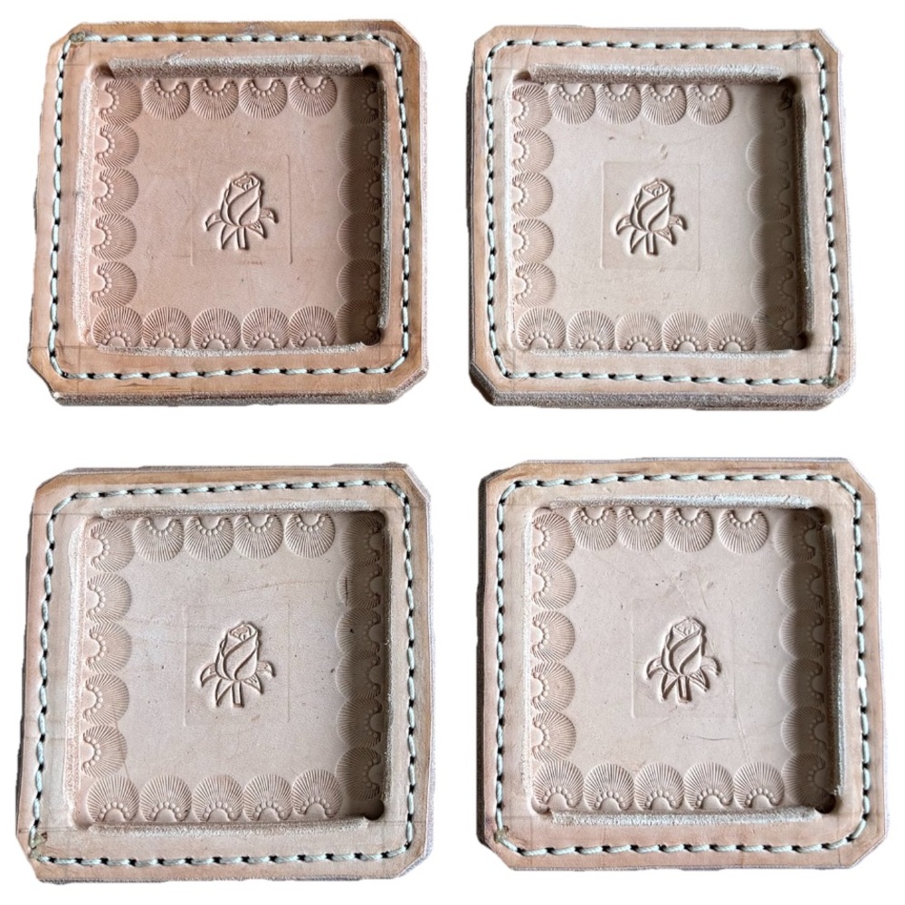 Floral And Seashell Fan Design Tooled Leather Square Coasters Rustic Cottage
